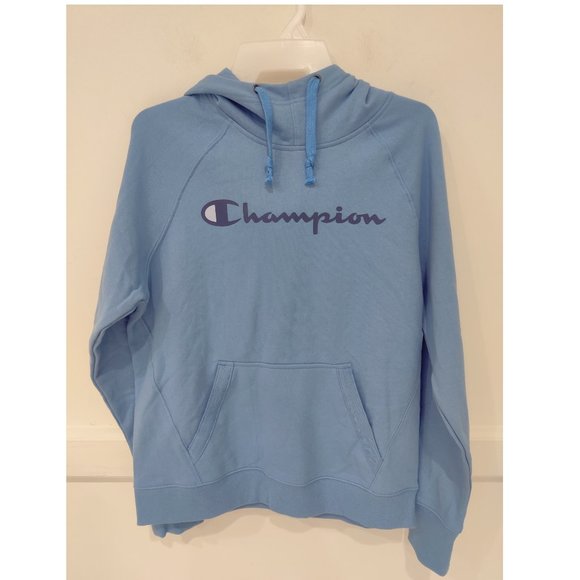 NWT Champion Women Powerblend Logo Fleece Hoodie Light Blue Size XS $50 A360 - Picture 2 of 3